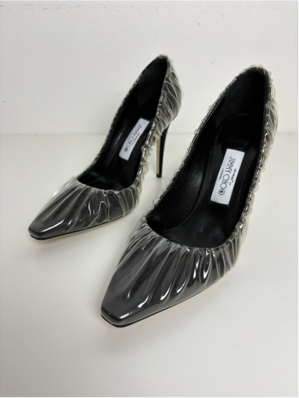 Jimmy Choo x Off-White Anne 100 Pumps Black PVC Ruched Pointed Toe Heel 38 NEW - Picture 7 of 14